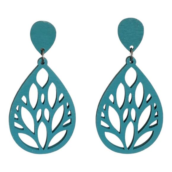 Bohemian Lightweight Wooden Filigree Laser Cut Tear Drop Turquoise Green - Picture 8 of 10